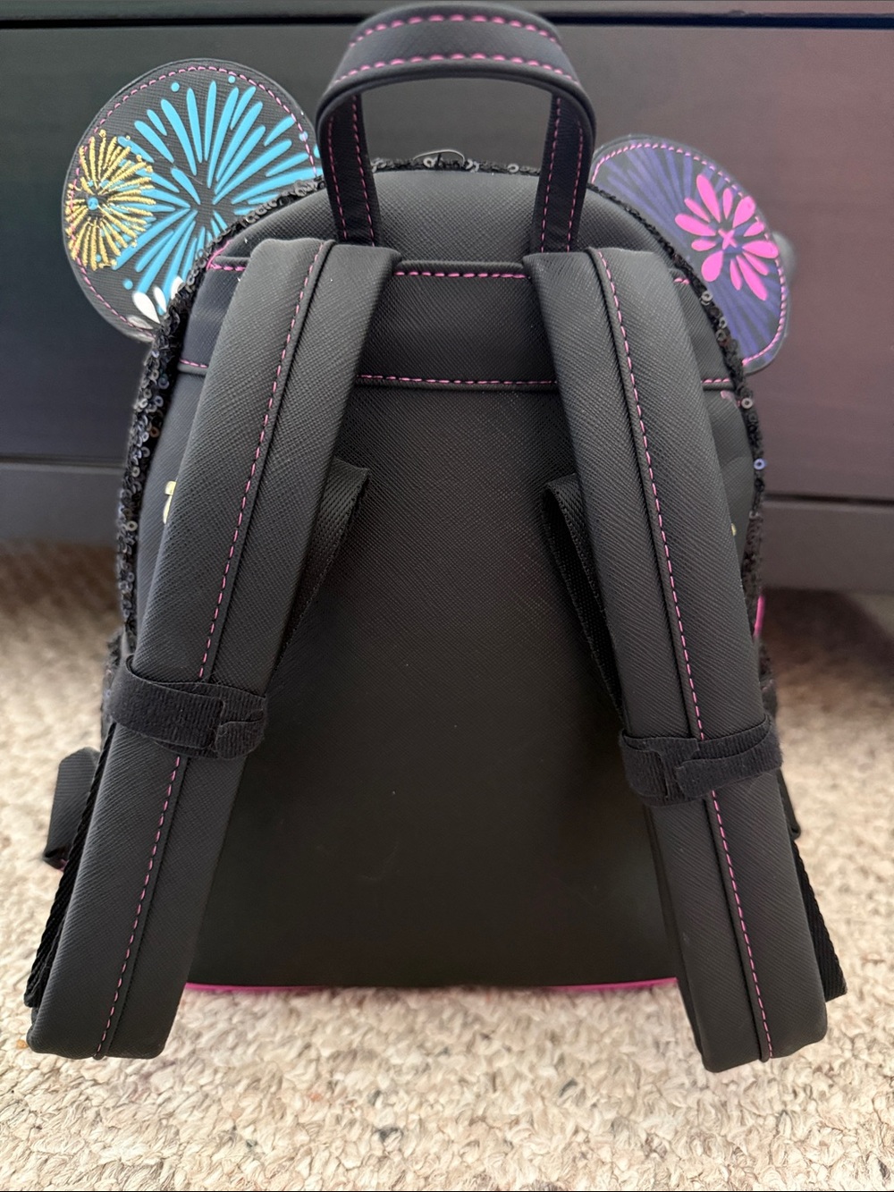 RARE Disney Black Sequin Mini Backpack with Pink Trim and Multicolor Fireworks - Picture 2 of 3